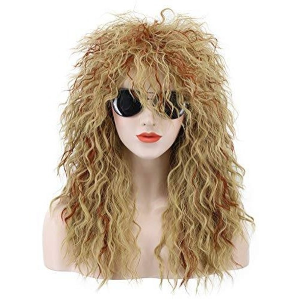 80s Rocker Wig Blonde Auburn Long Curly Synthetic Glam Metal Costume Hairpiece